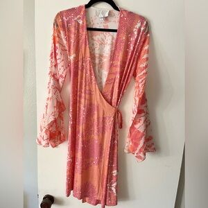 Analili Vibrant Pink and Orange Long Sleeve Wrap Dress
